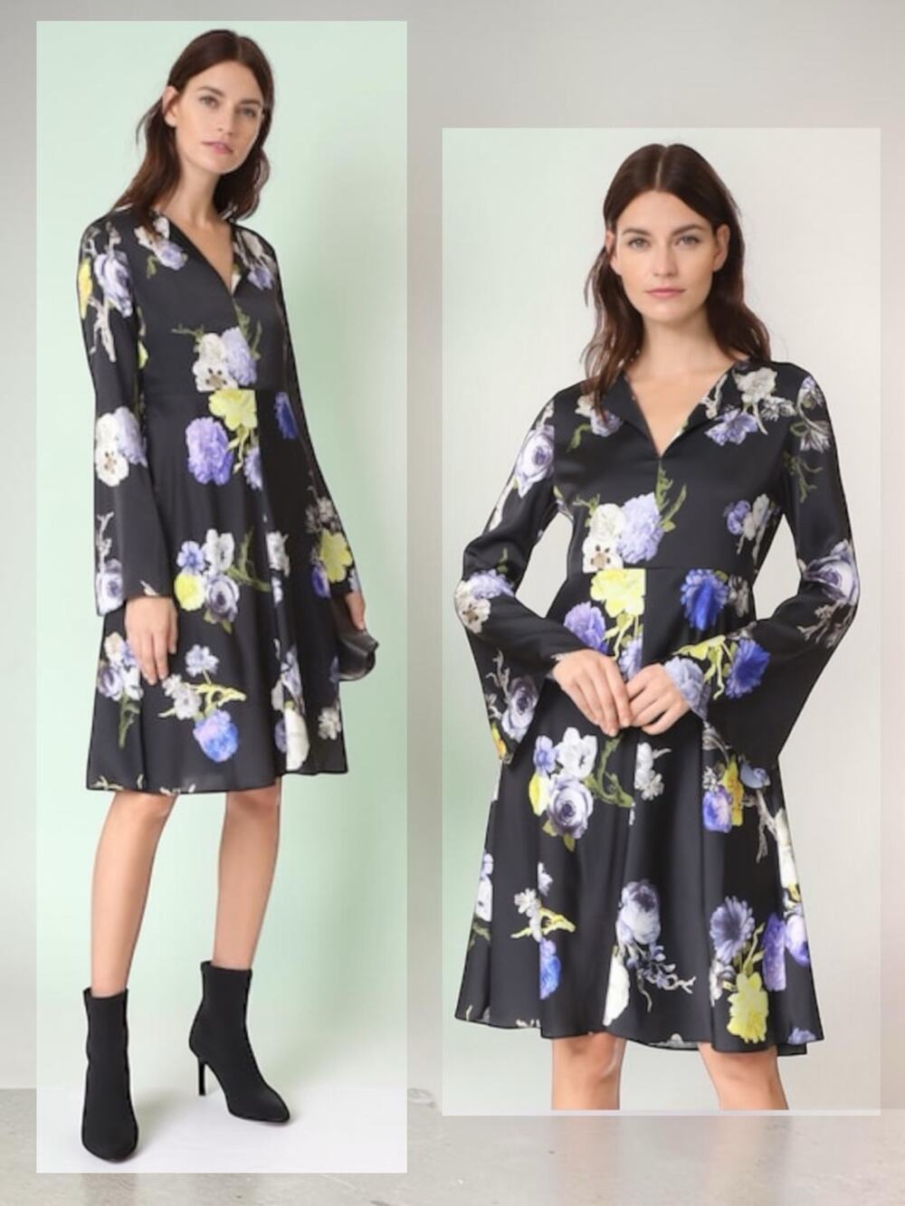 ACNE STUDIOS Dahari Dress Floral Satin Midi Bell Sleeves Cottagacore Shabby Chic